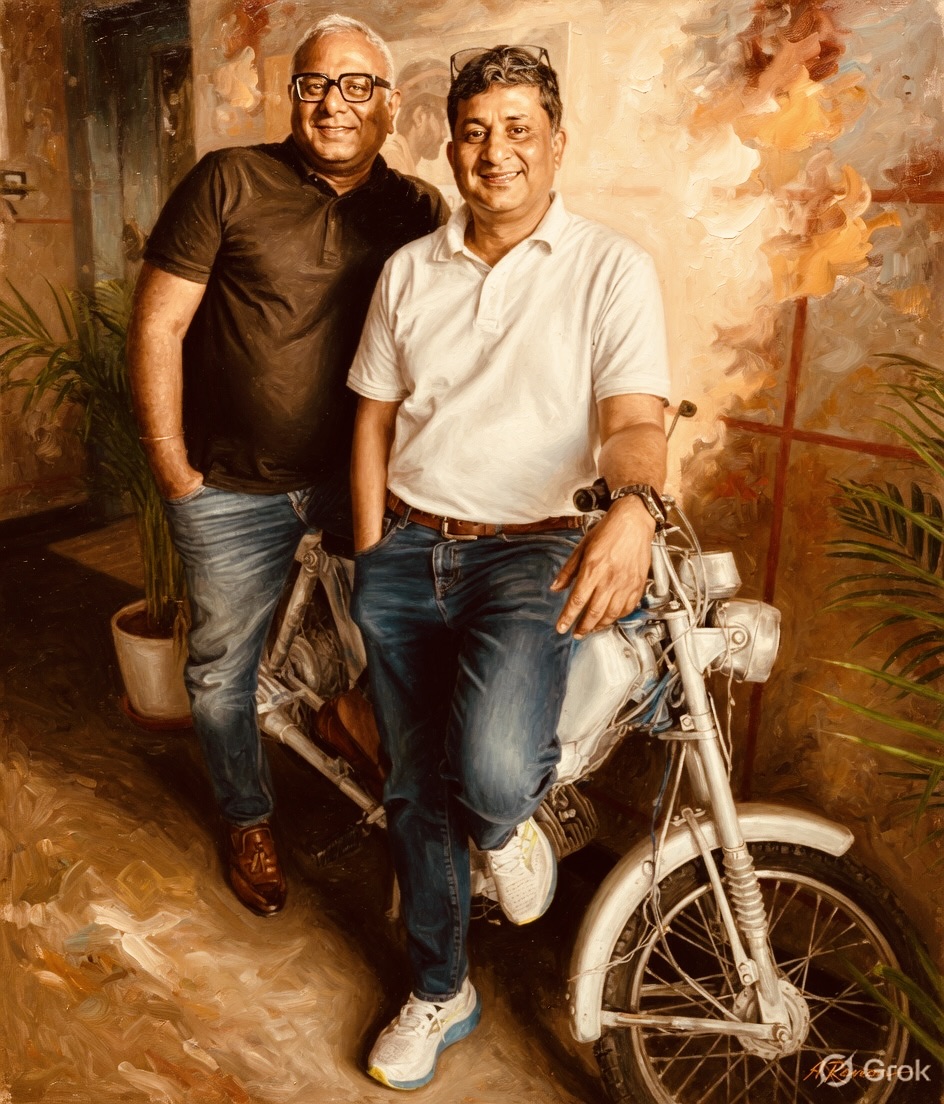 Portrait of two founders smiling together beside a bicycle, representing the people building Nia's infrastructure