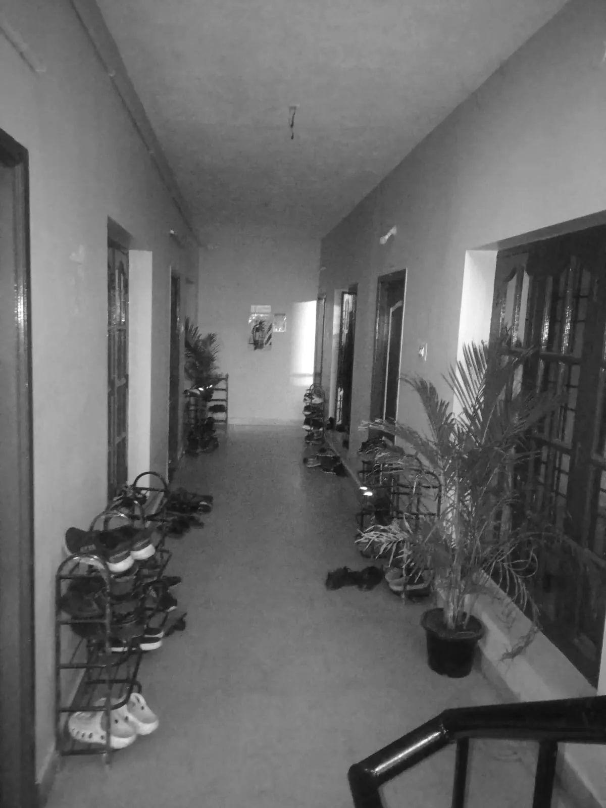 A residential corridor inside a managed Nia Studio, with shoe racks, potted plants and a fire extinguisher along the hallway