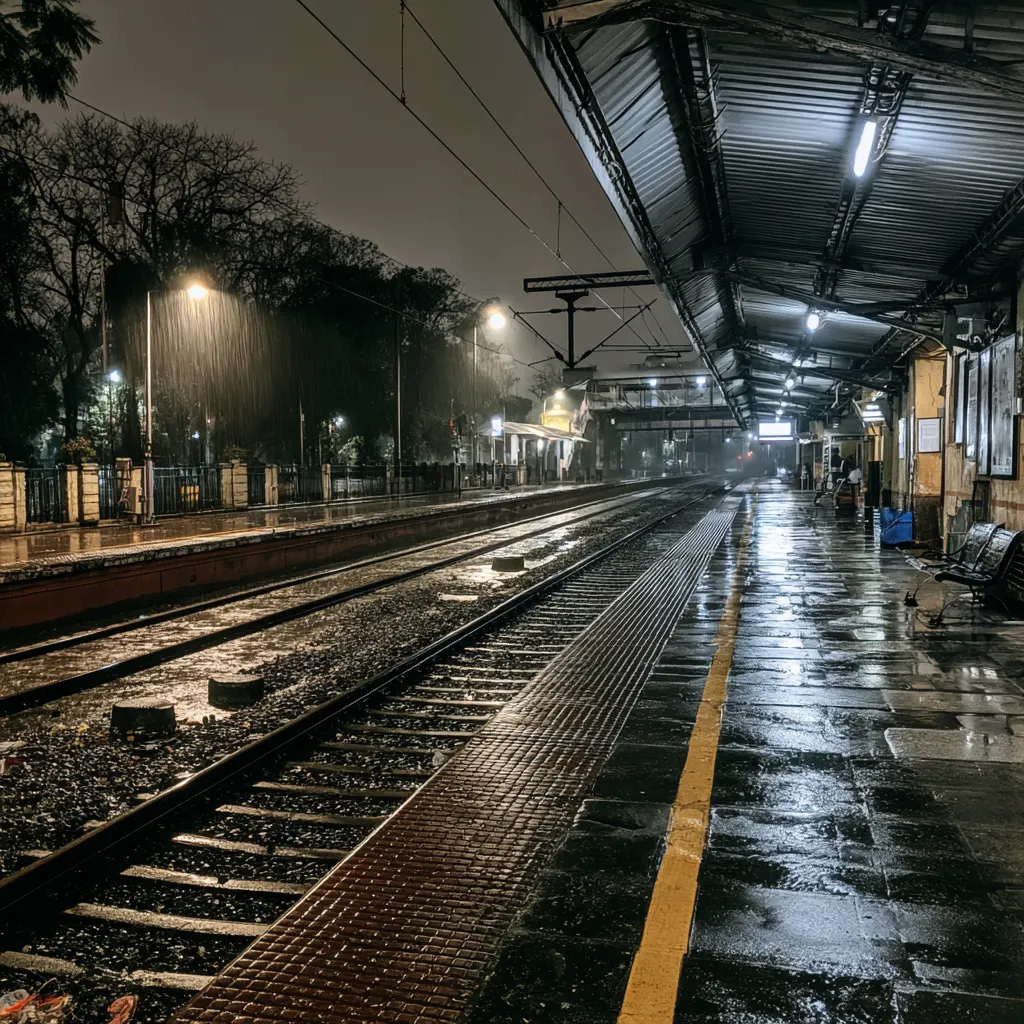 A quiet Indian railway platform at night in the rain, wet tracks reflecting the station lights