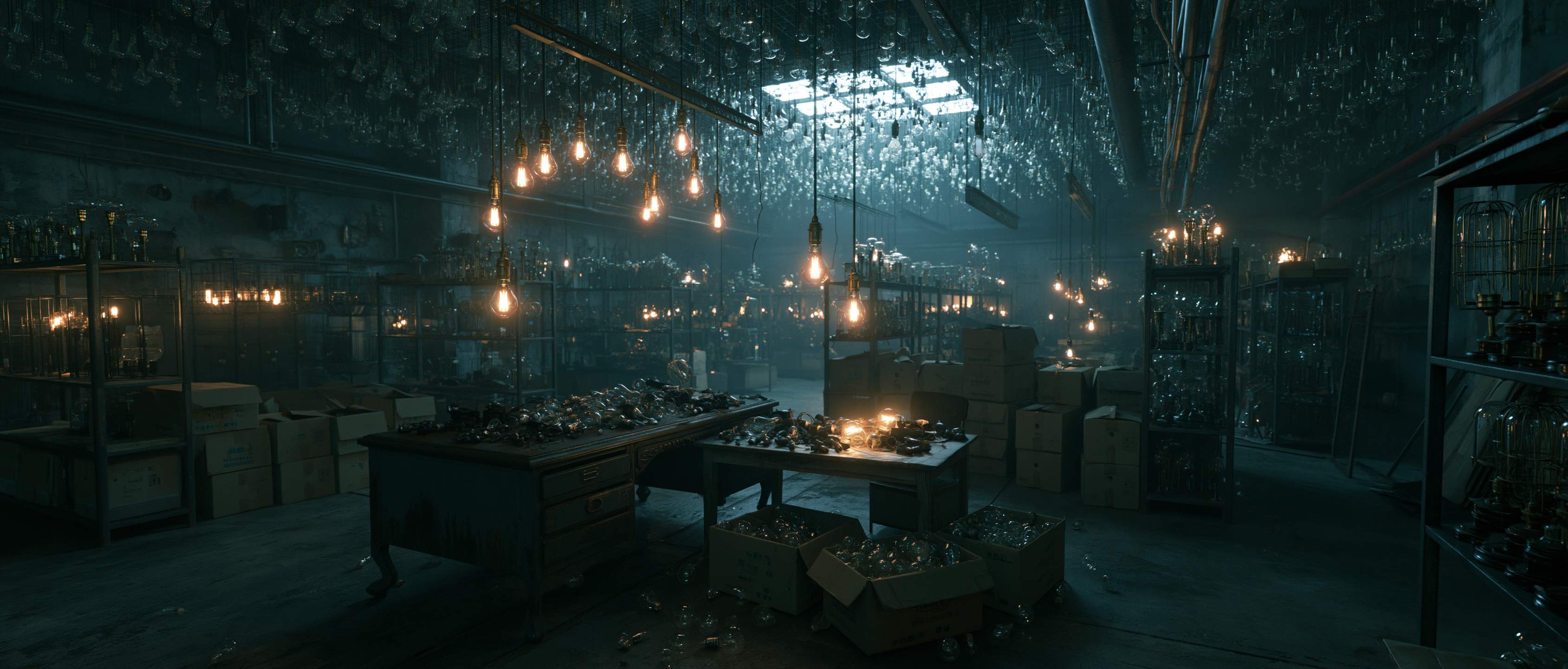 A workshop filled with hanging incandescent bulbs glowing warm amber, with tables and boxes of finished glassware ready to ship