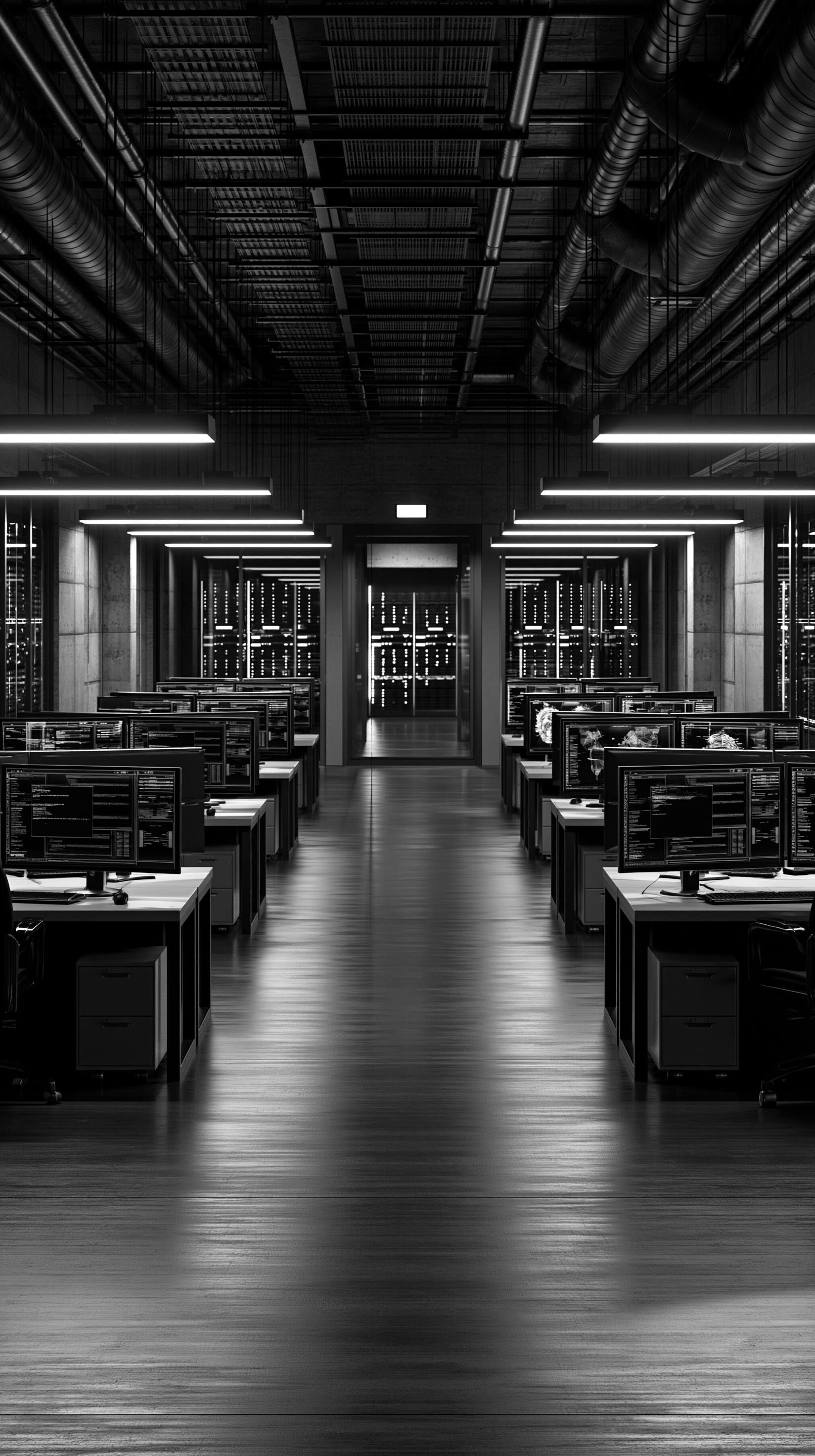 A dark operations control room with rows of monitors and server racks, the continuity layer that powers Nia