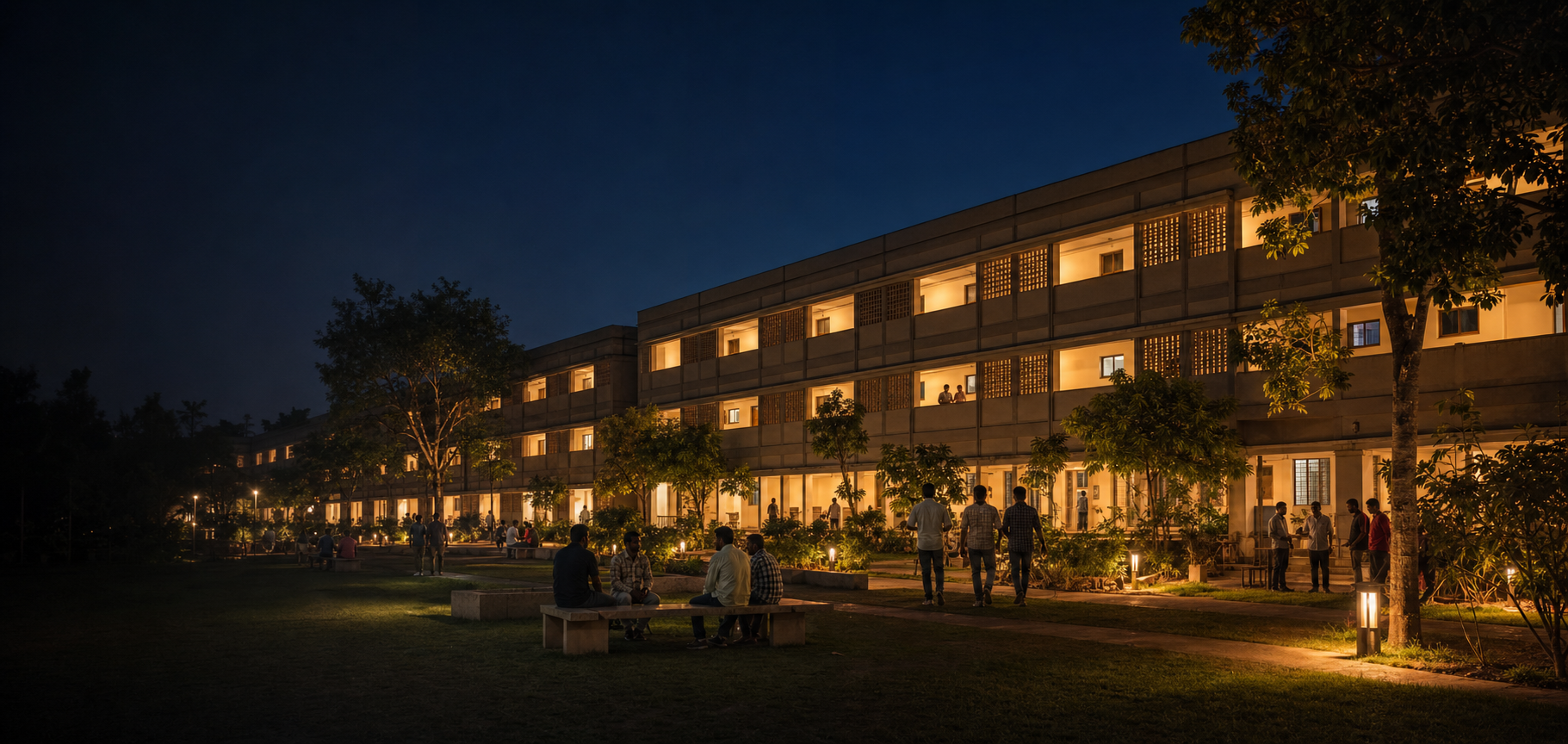 Residents gather in the landscaped courtyard of a Nia managed residence at night