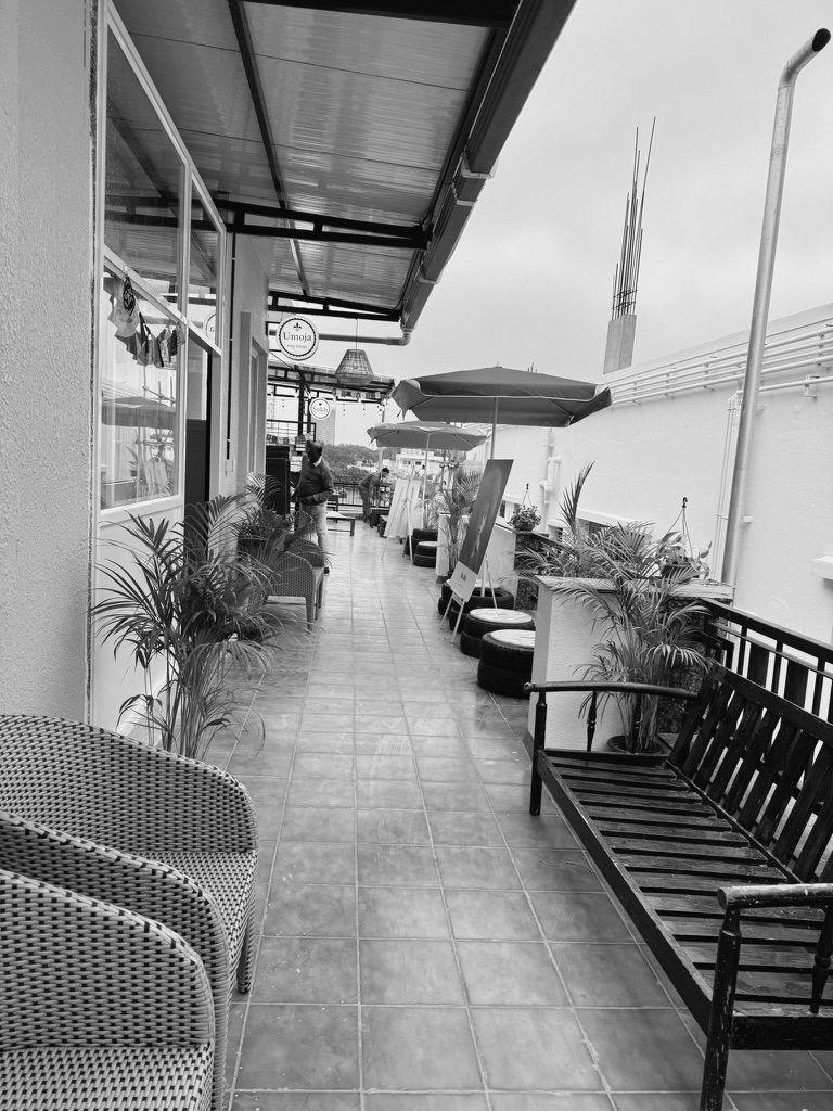 A sunlit rooftop terrace and café commons at a Nia residence, with plants, seating and string lights
