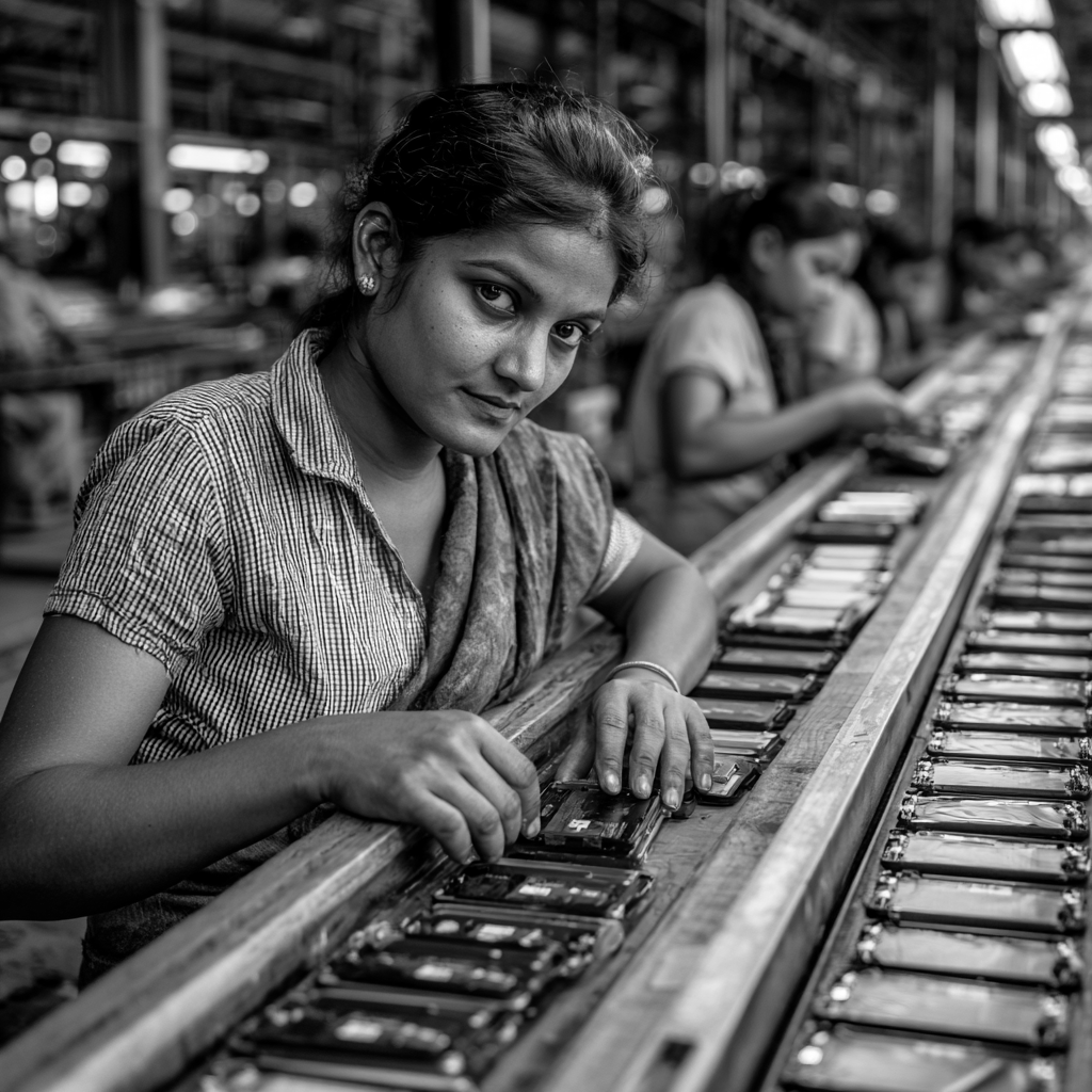 A woman assembling electronic devices on a factory line alongside other workers, part of India's migrant workforce
