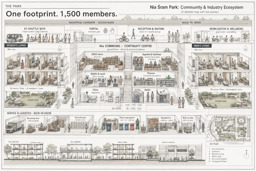 Architectural floor plan of a Nia Shram Park: women's and men's living blocks of stacked Nest rooms on either side of the central Nia Commons continuity centre, with wet cores, courtyards, amenities, and a back-of-house logistics spine