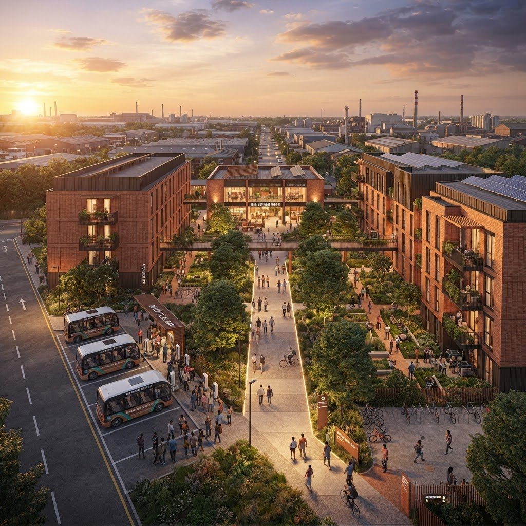 Photorealistic 3D render of a completed Nia Shram Park at golden hour: two three-storey living blocks flanking a central Nia Commons, with landscaped courtyards, an EV shuttle bay, and a walk-to-work corridor