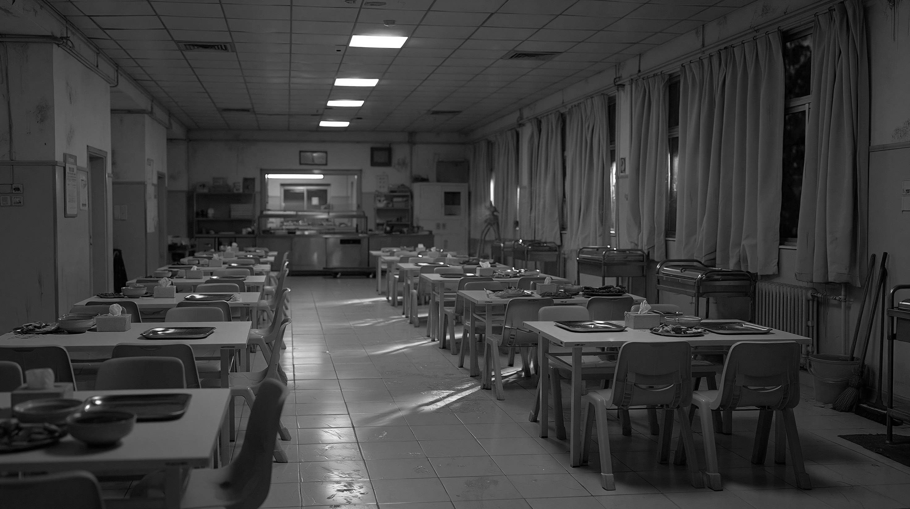 A large shared canteen inside a Nia Studio, with rows of tables and chairs and a serving counter at the far end